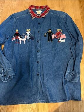 Bobbie Brooks Embroidered Poodle Denim Button Down Shirt XL Shopping